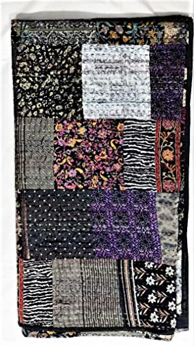 Sophia-Art Twin/King Indian Bettdecke Ethnic Throws Patchwork Indian Quilt Cover Alte böhmische Seide Saree Kantha Tagesdecke Vintage Patola Quilt (Black, King 90 x 108)