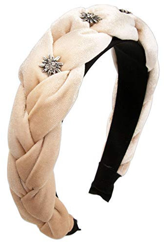 Alpenflüstern Trachten-Haarreif Samt Flechtoptik & Strass-Edelweiß - Damen Haarschmuck rutschfest, Haarband geflochten fürs Dirndl (beige-braun) ADV129