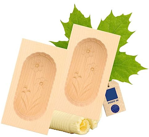 2X HOFMEISTER® Butterform, für 125 g Butter, 14 cm, Blume E, handgeschnitzt in Deutschland, Butter-Form zum Dekorieren, eckige Sturz-Form, Butter-Model aus heimischem Ahorn-Holz