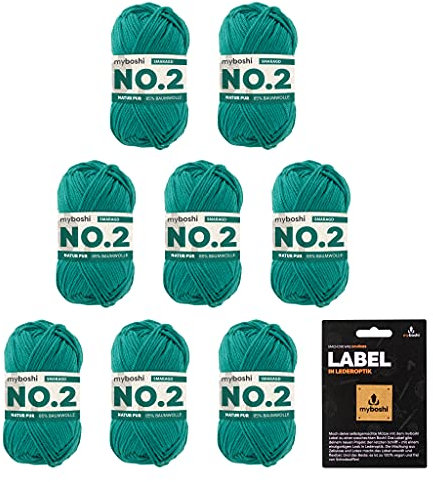 myboshi No.2 inkl. Label, Baumwolle zum Häkeln, Baby Wolle, vegane Wolle zum Stricken, Wolle 60 Grad waschbar, für Baby und Amigurumi, 50g, Ll 100m Grün (Smaragd) 8 Knäuel