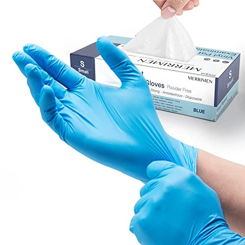 Merrimen | Gloves, disposable gloves, Multi purpose & extra strong, Powder free vinyl gloves, Box of 100 Blue, 1 Pack S, 411136