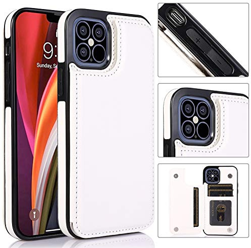 UEEBAI Case for iPhone 13 Pro Max 6.1 inch, Luxury PU Leather Case with [Two Magnetic Clasp] [Card Slots] Stand Function Durable Shockproof Soft TPU Case Back Wallet Cover - White