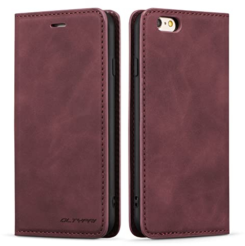 QLTYPRI Hülle für iPhone 6 iPhone 6S, Premium Dünne Ledertasche Handyhülle mit Kartenfach Ständer Flip Schutzhülle Kompatibel mit iPhone 6 iPhone 6S - Wein Rot