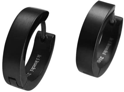 Kikuchi Herren Ohrringe Titan- Edelstahl Klapp Creolen Schwarz Matt 4mm / 16mm Ø ERTS009