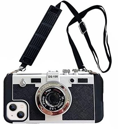 SGVAHY Phone Case for iPhone 14 Pro Vintage Camera Case Cute 3D Unique Design Cover with Removable Neck Strap Lanyard Silicone Case for Girls Kids Women Black