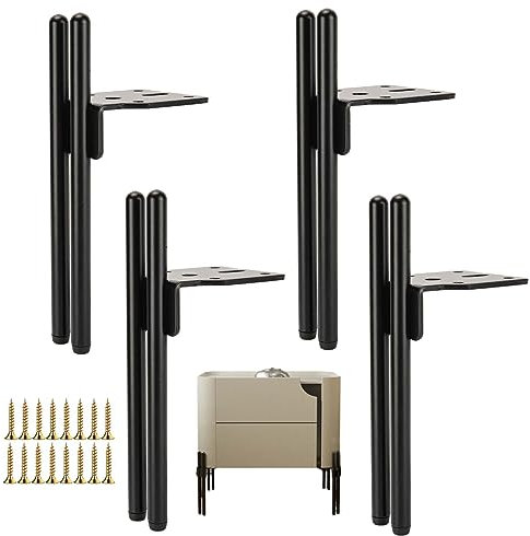 4 Pieds de Meubles Metal Noir, Pied Canapé de Rechange Moderne, Pied pour Table Basse de 15cm, Meuble TV, Armoire Salle de Bain avec Vis+Protection du Sol+Base Silencieuse Antidérapante