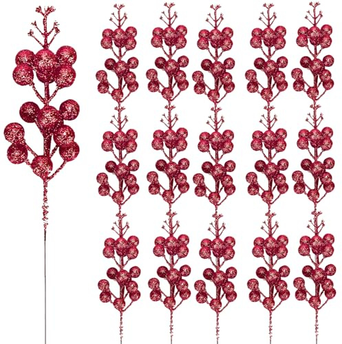 KKSTY Pack of 16 Christmas Glitter Berry Stem, Artificial Berry Picks Holly Berries Branches for Christmas Tree Decoration Wreath Making Supplies DIY Crafts Holiday Season Winter Home Decor (Red)