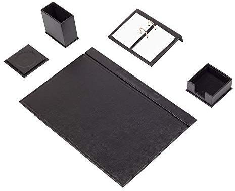 MOOGCO Schreibtisch-Set aus Leder – Schreibtischunterlage – Notizpapierhalter – Stifthalter – Lederuntersetzer – Kalenderhalter – 5 Zubehörteile – Schreibtisch – 5 Stück (schwarz)…
