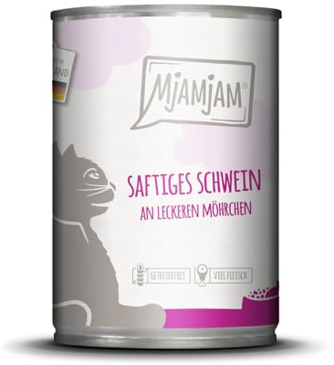MjAMjAM - Premium Nassfutter für Katzen - saftiges Schwein an leckeren Möhrchen, 1er Pack (1 x 400 g), getreidefrei mit extra viel Fleisch