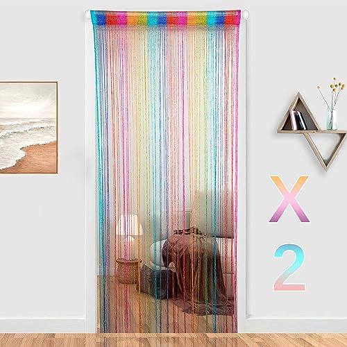 HYSENM 2 Tende 100 x 200 cm Tenda a Fili Glitterata Pannelli divisori per interni Tende per porta finestra Divisorio di Stanze Tenda zanzariera porta finestra, Arcobaleno