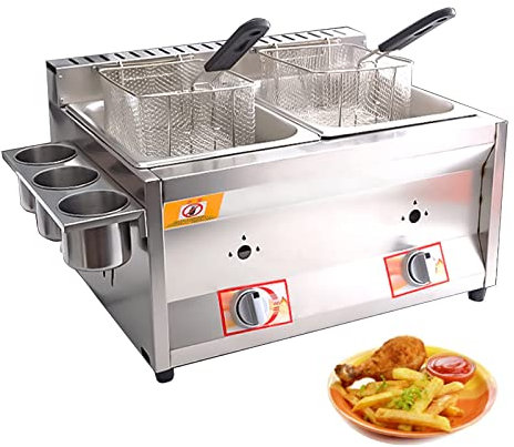Freidora a gas con cesta y tapa de 10L*2, encimera de acero inoxidable propano con tubo de metal para cocina casera comercial