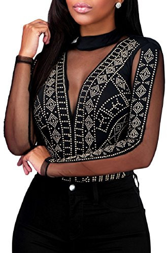 SEBOWEL Damen Sexy Sheer Mesh Oberteile Strass Durchsichtige Langarm Tops Bodycon Bluse T-Shirt Schwarz L