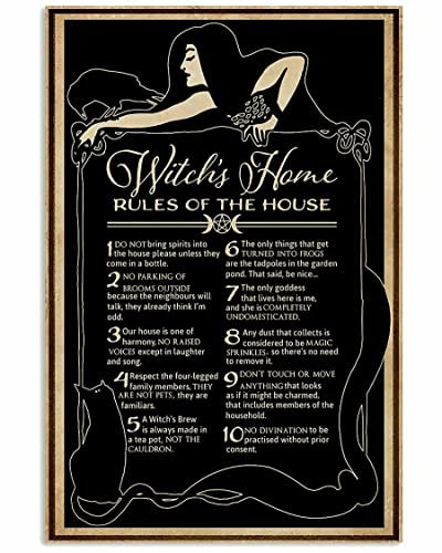 Black Witch's House Rules,12 * 8 Inches Vintage Funny Poster Wall Decor Art Gift Retro Picture Metal Sign