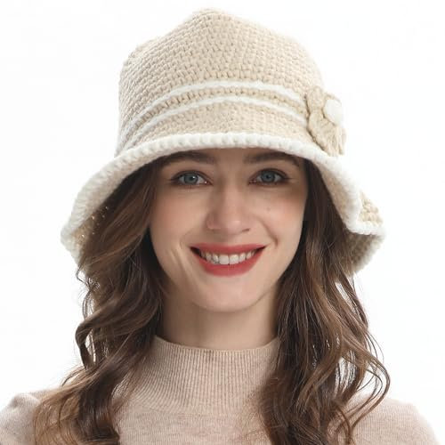 ZLYC Chapeau cloche d'hiver tendance en tricot pour femme - Couleur unie, Broche Fleur Beige, Taille unique
