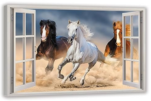 HUBDECO Leinwandbild Fensterblick Pferde galoppieren Bild 120x80 cm - Landschaftsbilder auf Leinwand - Wandbilder Wohnzimmer - Bild Fenster mit Ausblick - Aesthetic Room Decor - Wanddeko Schlafzimmer