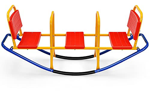 RELAX4LIFE Altalena a Dondolo in Metallo per Bambini 3-8 Anni, Dondolo con 3 Posti a Sedere, Dondolo con Maniglie e Schienale, per Interni ed Esterni, (Modello 1,Rosso)