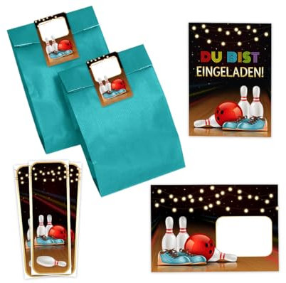 Minkocards 12 Einladungskarten zum Kindergeburtstag Bowling Kegeln Jungen Mädchen Einladung Jungsgeburtstag Mädchengeburtstag incl. 12 Umschläge, 12 Partytüten/petrol, 12 Aufkleber, 12 Lesezeichen