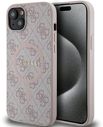 Guess GUHMP14SG4GFRP Hülle für iPhone 14/15 / 13 6.1 Rosa hardcase 4G Collection Leather Metal Logo