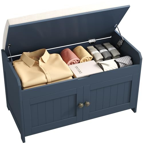 HOMEFORT Eingangsbank mit Hebebügel, Schuhbank mit gepolstertem Sitz, Holz-Schuhschrank, Bank für Schlafzimmer, Ende des Bettes, Eingang, versteckte Schuhbank für Schlamm, Flur (blau)