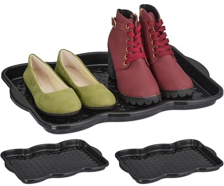 Relaxdays Pack 3 Bandejas para Zapatos, Escurridoras Calzado, Antigoteo, Plástico, 2 Pares C/U, 3 x 48 x 34 cm, Negro