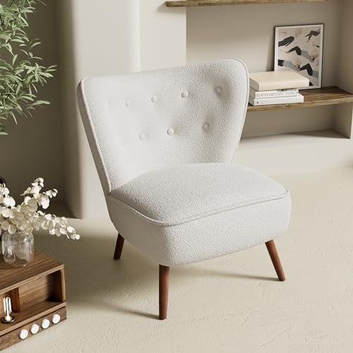 TaiEnjoy Sessel Wohnzimmer, Moderner Loungesessel Geplosterter, Teddy Samt Ohrensessel mit mit extra hoher Rückenlehne, Beine aus Massivholz, für Wohnzimmer/Schlafzimmer, Weiß