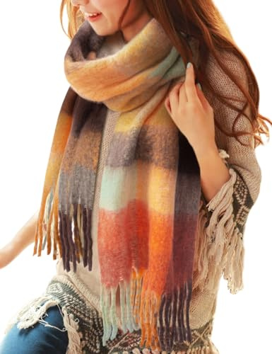 CMTOP Schal Damen Winter Warme Kariert Deckenschal Groß Lang Kariert Tartan Lattice Warmer Oversized Fransen Poncho Wintersch