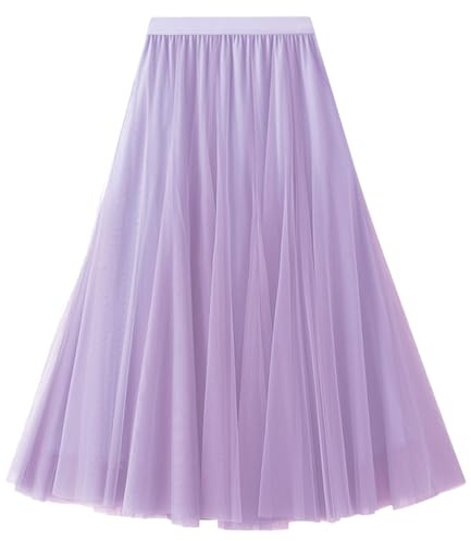 Tüllrock Damen A-Linie Elastischer Hoher Bund Midirock Mesh Großer Saum Langer Rock Elegant Faltenrock Sommerrock,Helles Lila