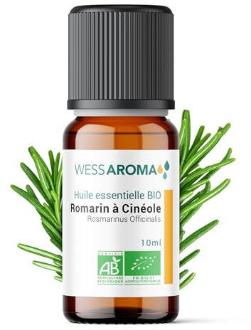 Wess Olio essenziale di rosmarino biologico con cineola, 10 ml, certificato AB, 100% puro e naturale, chemotipo HEBBD, pratica agricola sostenibile analizzata e confezionata in Francia