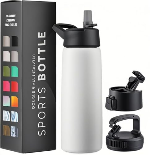 750ml Triple Walled, Insulated Water Bottles with Straw - Stainless Steel Metal Bottle W/ 3 Leak Proof Lids - For Travel, School, Sports, Gym/Men, Women (Pure Pearly White)