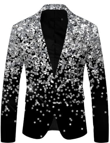 YOSUWOAI Veste à paillettes pour homme - Coupe ajustée - Costume de carnaval - Tenue brillante - Blazer - Un bouton - Smoking - Années 70 et 80 - Disco - Avec col à revers - Confortable - Veste de