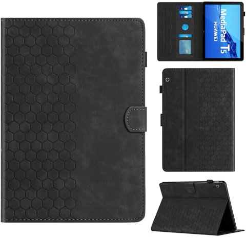 Rosbtib Funda para Huawei MediaPad T5 10.1 2018 Modelo AGS2-W09/W19/L09 con Soporte y Ranura para Tarjetas, Funda de Piel sintética con patrón de Textura Hexagonal para Huawei MediaPad T5, Negro