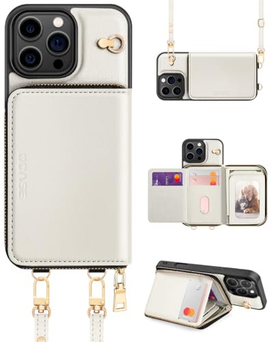 OCASE for iPhone 16 Pro Case, PU Leather Crossbody Zipper Wallet Case with Wrist Strap Lanyard, Kickstand, RFID Blocking Card Slots, Shockproof Phone Cover for 6.3 Inch iPhone 16 Pro, White