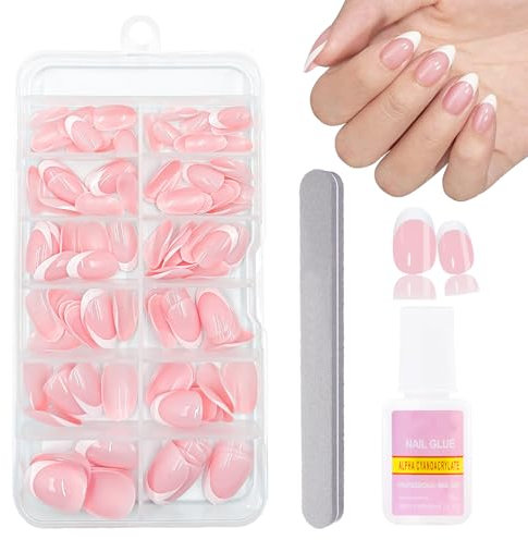120PCS French Tip False Nails - Almond Fake Nails Set - Pink Color Press on Nails - Glossy Full Cover False Nails with Glue Acrylic French Tip Nail Art Gifts for Women