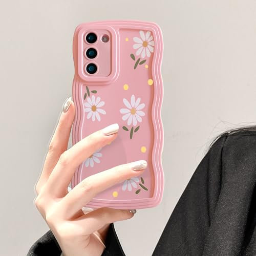 UEEBAI Hülle für Samsung Galaxy S21 FE 5G, Wellen Rahmenform Silikon Handyhülle mit Gänseblümchen Blumen, Slim Fit Weiche TPU Bumper Cover Case Stoßfeste Schutzhülle für Frauen Mädchen, Rosa Blume