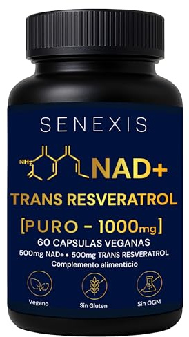 NAD Resveratrol Puro 1000 mg, 60 Cápsulas Veganas, NAD+ y Trans-Resveratrol | 500mg NAD, 500mg Transresveratrol, Energía Celular, Antioxidante, Sin Gluten y OGM, Apoyo Mitocondrial, Cognición, Antiedad
