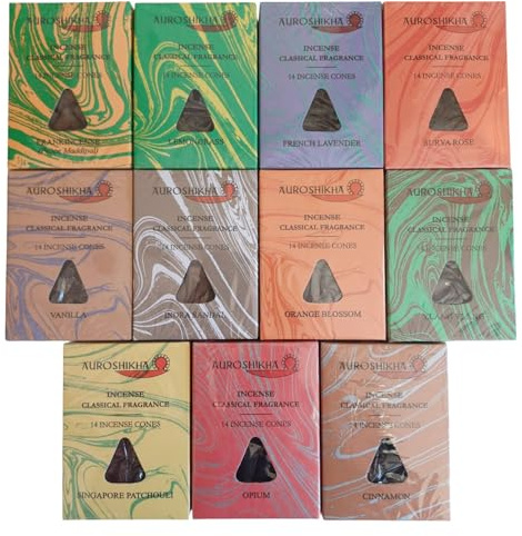 Anandam Auroshikha Räucherkegel Set mit 11 verschiedenen Düften - 14 Natürliche Räucherkerzen mit Brenndauer ca 20 min - Traditionell in indischem Ashram in Handarbeit gefertigt (Set alle 11 x Düfte)