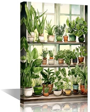 TISHIRON Botany Wall Art for Living Room Green Leaf Bedroom Decor Houseplant Wall Paintings for Office Garden Print On Canvas Modern Artwork Stretched and Framed Ready to Hang, 24x16in