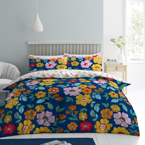 Lions King Size Duvet Cover Sets - 3 Pcs Poly Cotton Blue Floral Bedding with Matching Pillowcase, Soft Reversible Flowers Printed Quilt Covers, 230x220cm