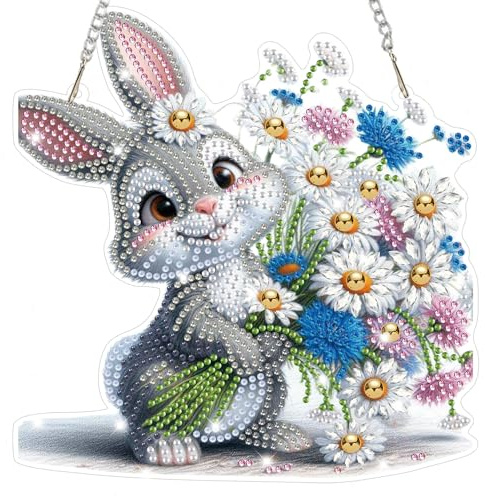 Lxmsja Kaninchen Diamond Painting Anhänger, 5D Hase Diamond Painting Blumen Fensterbilder für Erwachsene, Bastelset Kreativ Set Hängend Ornament Ostern Tür Fenster Wand Eingang Decor