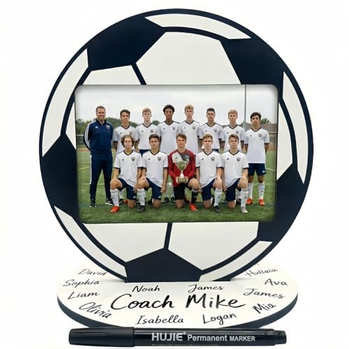 ZYZX Marco de Fotos en Forma de Fútbol con Lápiz de Firma y Base, Regalo de Gracias al Entrenador, Regalo de Noche de Graduación, Placa de Apreciación para Entrenadores, Madera, Naranja, 20 x 20 cm