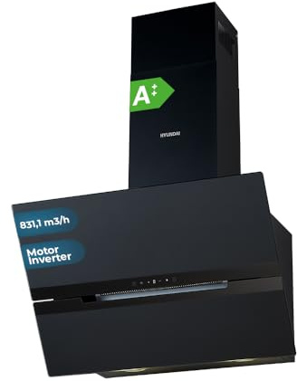 Hyundai Campana Extractora Decorativa Inclinada 70cm, Cristal negro, HCDE70DCB00. Potencia 831m3/h, 3 Velocidades, 2 Filtros, 64 dB Nivel Sonoro, Control Táctil, Filtros aptos para Lavavajillas