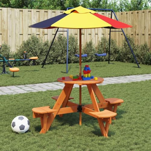 Ziaphsol Kindertisch mit Sonnenschirm aus robustem Tannenholz rund für Garten Balkon Terrasse, wetterfest, stabil, platzsparend, mit Beistellfunktion, ideal für Picknick, Outdoor, Kinderpartys