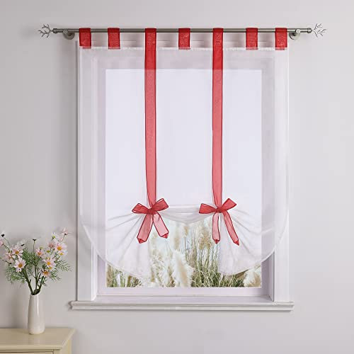 Voile Raffrollo mit Band Schlaufen transparenter Vorhang Weiß 1er-Pack H*B 140 * 140cm Rot
