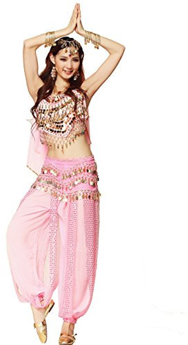 Bauchtanz-Kostüm für Damen von Best Dance, bestehend aus Oberteil mit Perlen und Glöckchen, Haremshose und einem Hüfttuch.