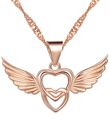 Yumilok Jewelry 925 Sterling Silver Rose Gold Plated Interlocking Hearts Angel Wings Pendant Necklace for Women/Girls
