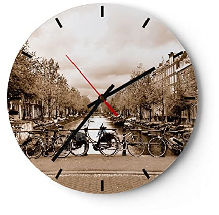 Modern Wanduhr Kanal Fahrräder Amsterdam Zentrum 40x40cm Rund Groß Wand Uhr Glas Analog Zimmeruhren Küche Büro Wohnzimmer Glasuhr Wall Clock Dekoration Design Wanddekoration Küchenuhr C3AR40x40-2971