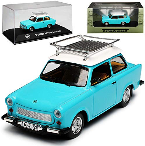 Atlas Trabant 601 S de Luxe Limousine Blau Weiss mit Dachträger 1964-1990 1/43 Modell Auto