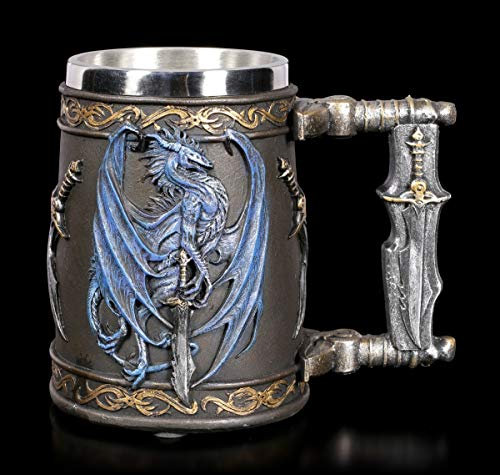 Ruth Thompson Drachen Fantasy Krug - Storm Blade, Motiv Gothic Bier-Humpen, Krug mit Henkel, Deko-Artikel, mit Edelstahl-Einsatz, H 14 cm