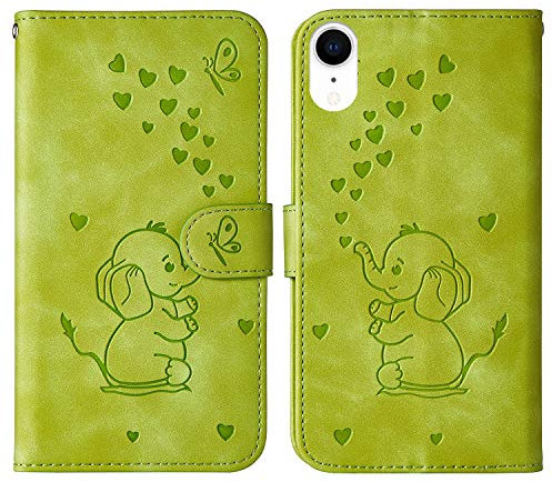 Tiyoo Embossed Love Heart Phone case for iphone XR Elephant Butterfly Pattern Folding Stand PU Leather Wallet Flip Cover Protective Case with Card Slots, Magnetic Closure (Green)
