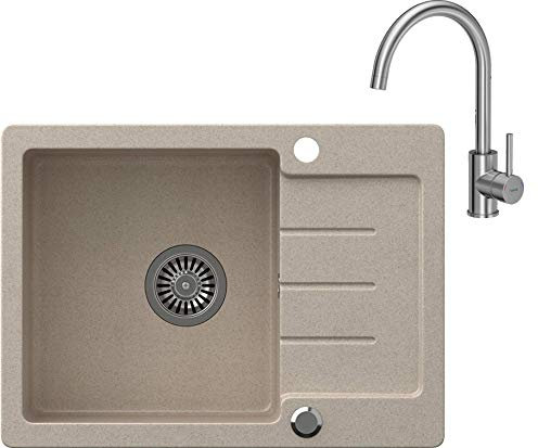VBChome Spülbecken Beige Granit 60 x 44 cm Einzelbecken Einbauspüle gesprenkelt reversibel Verbundspüle + Siphon Waschbecken Armatur